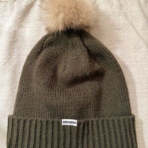 Converse, Women's Faux-Fur Pom Knit Beanie | Olive, Size OSFA